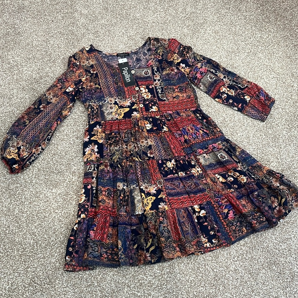 Caroline Morgan Australian boho tiered button up print dress with pockets